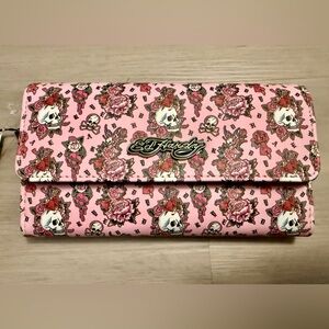 NWT Ed Hardy Flap Clutch Wallet Pink Skulls & Bones, Roses Faux Leather Y2K